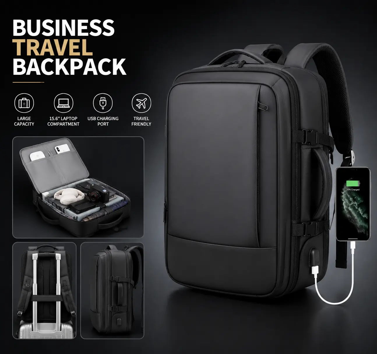 Unisex 25L Expandable TSA-Approved Anti-Theft Travel Backpack with USB Port, 15.6" Laptop Compartment, Multi Modes Carrying, Work & Travel Sports Outdoor Protective Gear Compatible with Plate Inserts