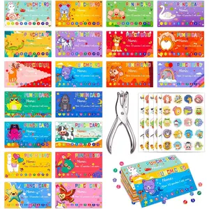 160 count Behavior Punch Cards for  with Hole Puncher, Reward Cards for Students with 160 count Funny Punny Reward Stickers, Incentive Awards Loyalty Punch Cards for Classroom Teachers School Supplies