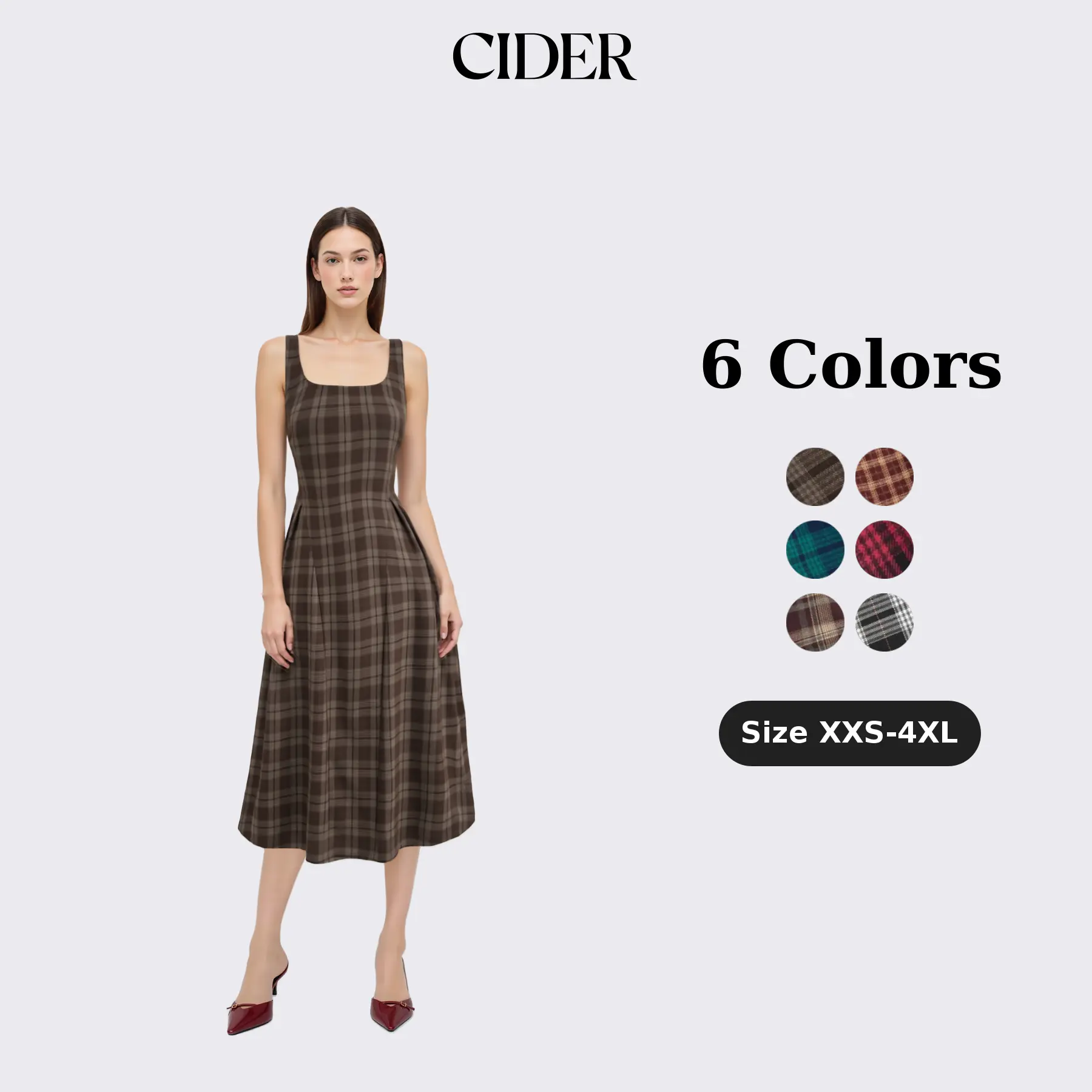 Cider Square Neck Check Pleated Zipper Maxi Dress