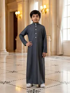 Boys Muslim Clothing Saudi Arabian Traditional Thobe Long Sleeve Stand Collar Button Front Pocket Ramadan/eid Gown