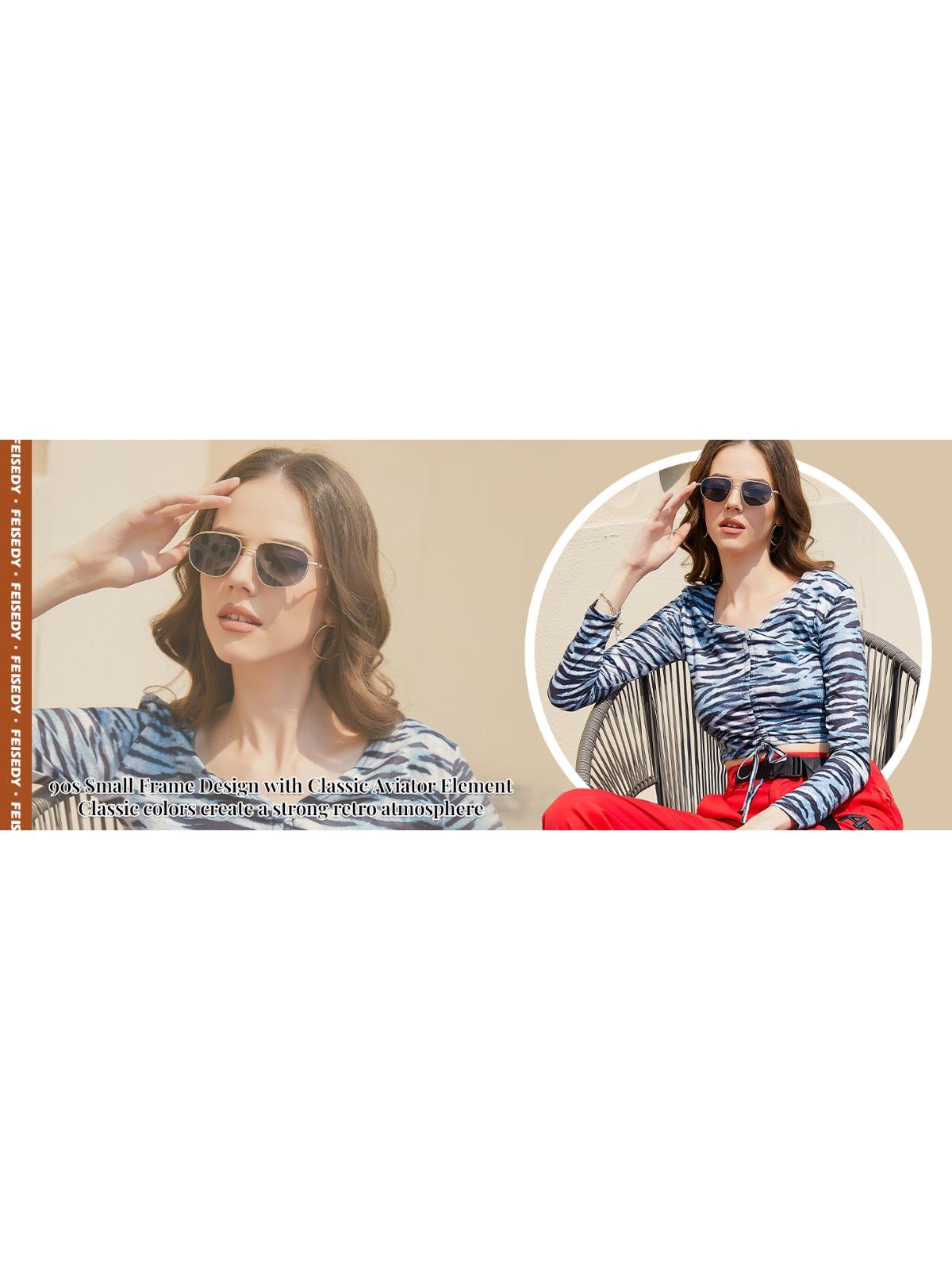 FEISEDY Retro Trendy Aviator Sunglasses Women Men 90s Small Vintage Glasses Stylish Gold Metal Oval Sunglasses Combo pack  B2906