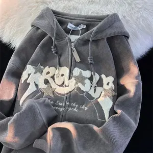 Fashion Embroidery Zip Up Hoodies Women Autumn Long Sleeve Tops Loose Hood Shirt Harajuku Y2K Clothes Female Sweatshirt JacketGift