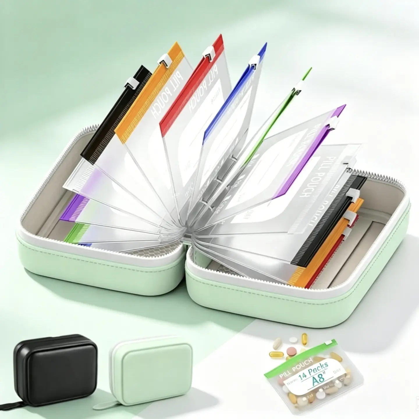 A8 Waterproof Weekly Pill Organizer Set, 14 Color Coded Zipper Pouches Reusable Travel Medicine Storage for Vitamins Fish Oil dailyuse lightweight bag mesh pouch bag multi-layer mini portable universal size
