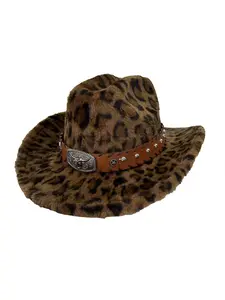 Leopard print western cowboy hat for men and women, new autumn and winter fashion plush warm woolen hat, versatile hat, top hat