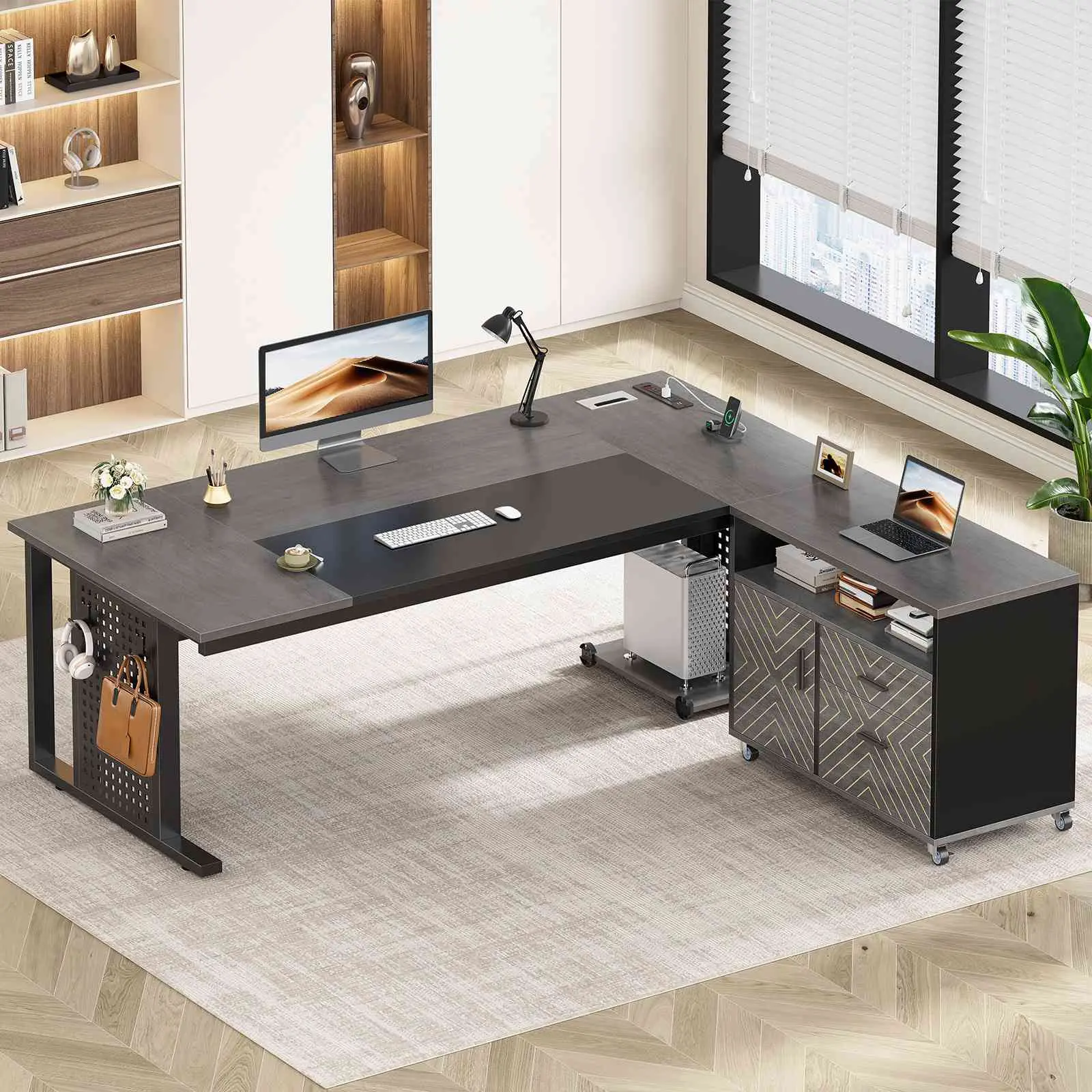Sedeta 70.9x31.5in Modern Executive L-Shaped Standing Office Desk - Metal Frame, Engineered Wood, Rolling File Cabinet, Drawers, Sliding Hidden Drawers, Power Outlets, CPU Stand, Pegboard, Storage Shelves, Rolling Base, Durable Computer Workstation