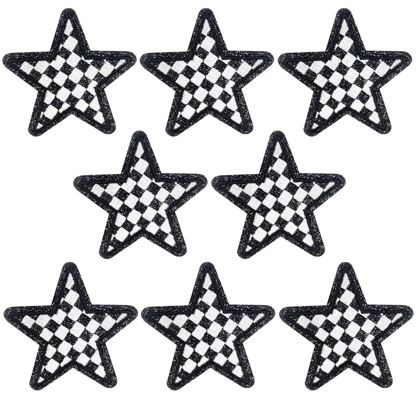 CY Iron On Patches 8PCS Black Glitter Stars Embroidered Checkerboard Applique Cute Fashion DIY Accessories for Hats Clothing Bag Jacket