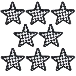 CY Iron On Patches 8PCS Black Glitter Stars Embroidered Checkerboard Applique Cute Fashion DIY Accessories for Hats Clothing Bag Jacket