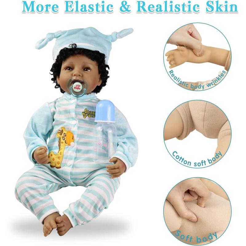 22" African American Baby Doll, Realistic Black Reborn Baby Dolls Silicone Vinyl Babydoll, Lifelike Soft Cloth Body Boy Doll, Birthday Set for Aged 3+