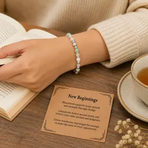 New Beginnings Crystal Bracelet with Message Card, Moonstone Labradorite Green Aventurine Beaded Bracelet, Adjustable Silver-Tone Chain Bracelet for Women, Meaningful New Chapter Jewelry Gift for Friends Family