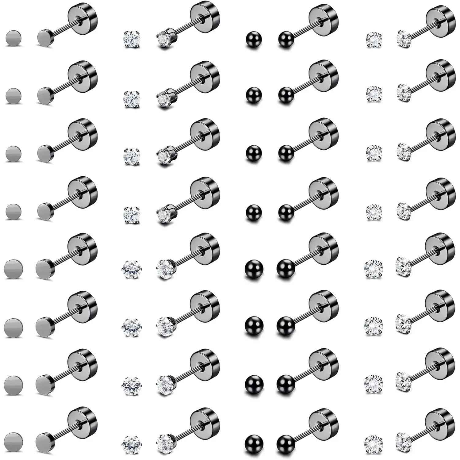 16 Pairs Surgical Steel Stud Earrings, Hypoallergenic Flat Back Piercing Jewelry, 2mm & 3mm Tiny CZ Ball Set for Unisex Cartilage, Helix & Tragus Daily Wear, Adjustable Waist Chain, Flat Back Earrings, Earring Stack