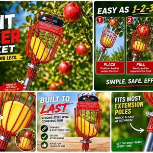 AEPRO.USA Professional Red Wire Fruit Picker Basket - Efficient Tool for Gardening, Farming Use