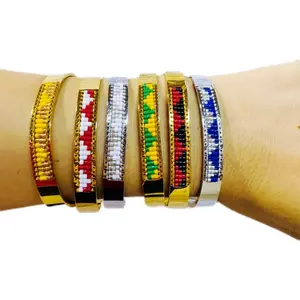 Santeria Open End Adjustable Cuff Bracelet Bangles Stainless Steel Yemaya Orula with Colorful Design