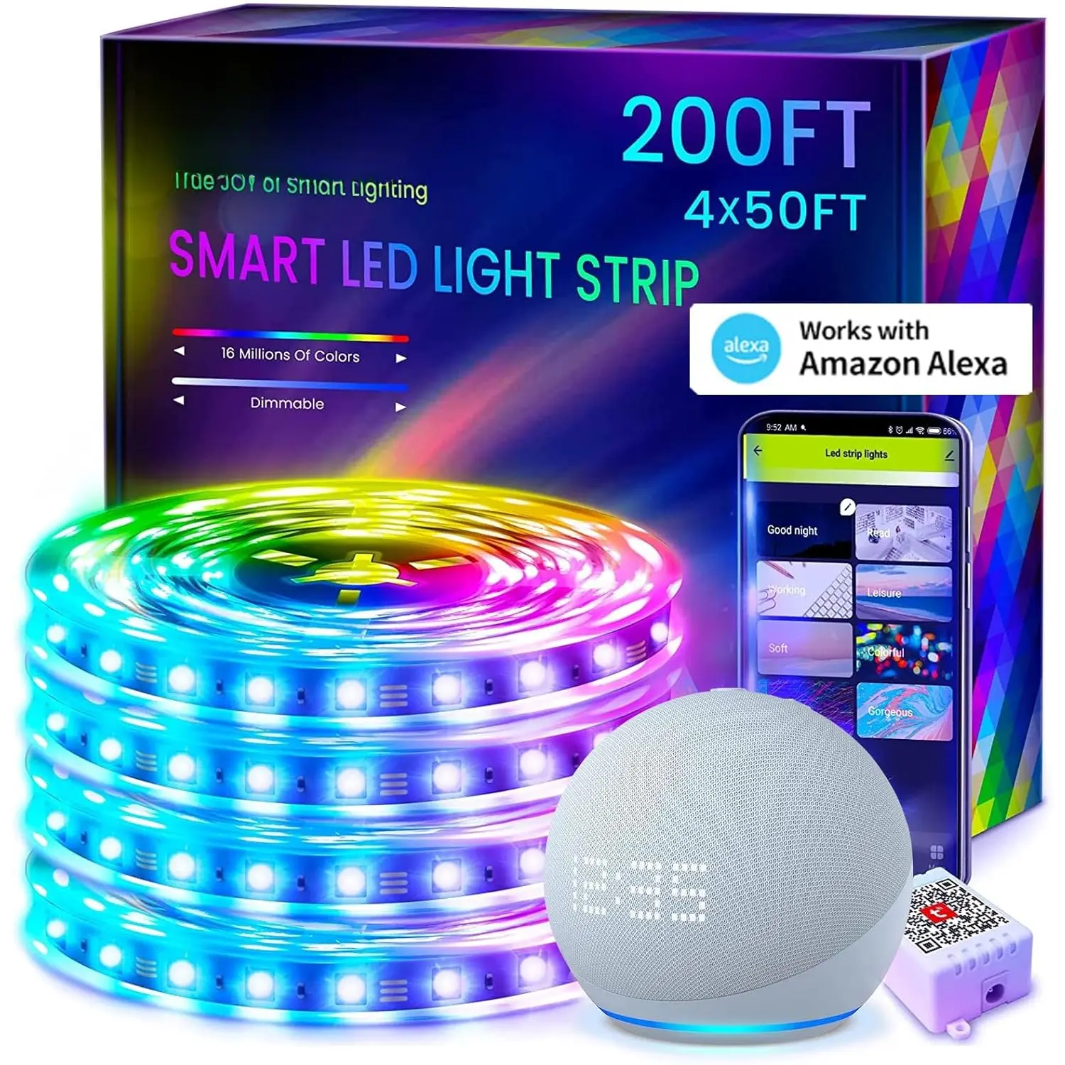 200ft  Led Strip Lights for Bedroom, Alexa Light Strip,2835 RGB Color Changing Music Sync Rope Lighting with App Remote,Multi-Color  Led Lighting for Bedroom (APP+Remote+Voice)