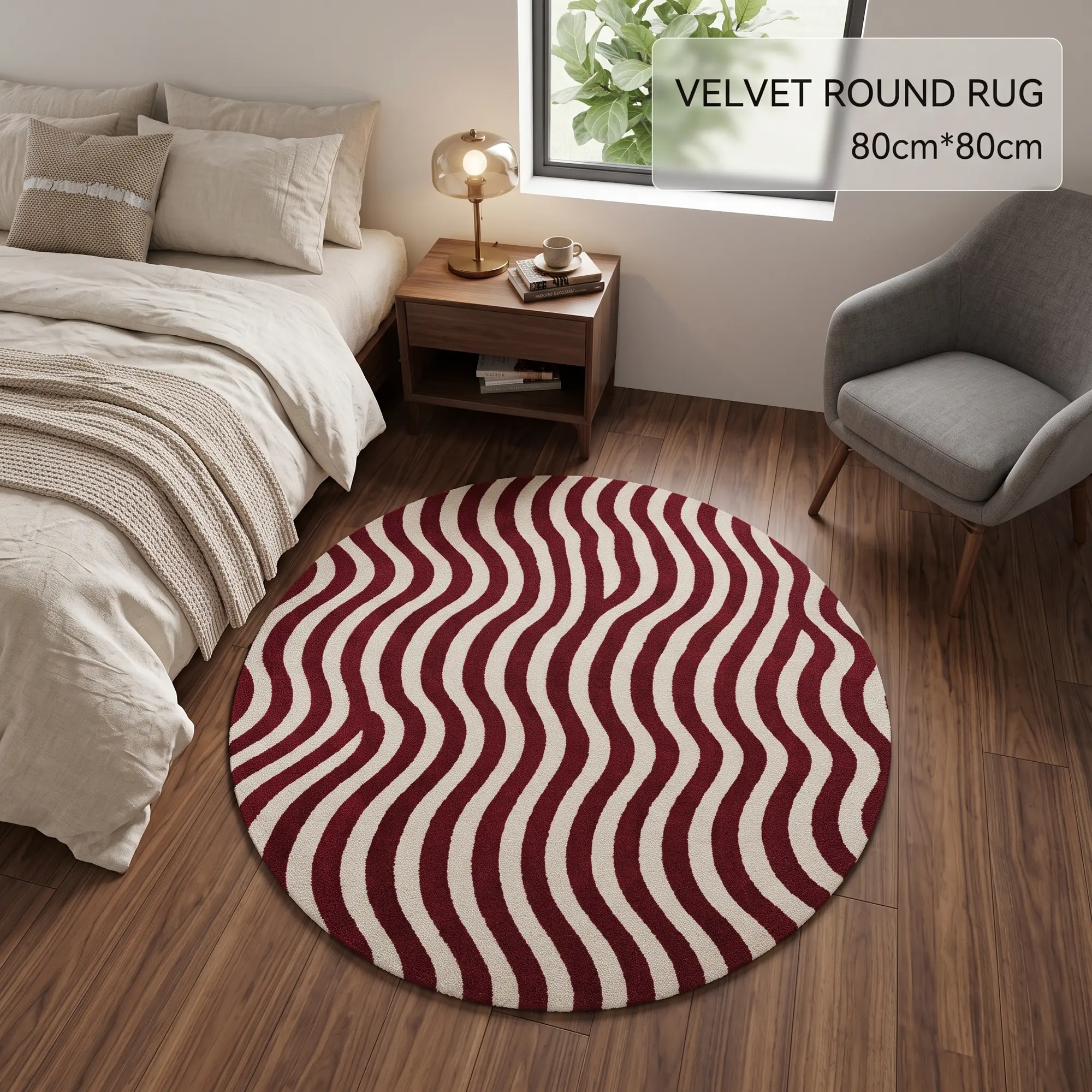 Burgundy Wavy Stripe Round Velvet Area Rug - Modern Abstract, Non-Slip, Soft Decor Floor Mat for Bedroom, Living Room