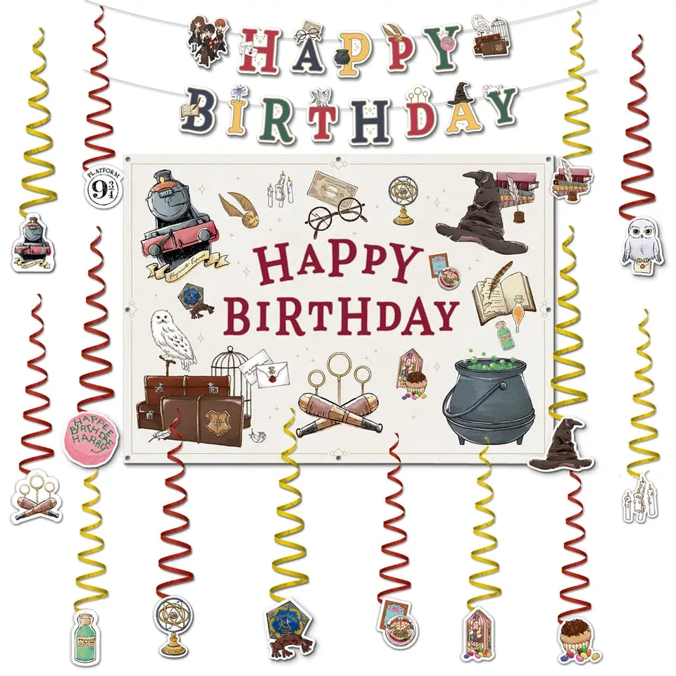 Harry Potter Birthday Party Decor Bundle (Backdrop, Banner & Hanging Decorations)