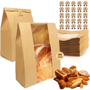 100 Pack  thicker Large Paper Bread Loaf Bags, for Homemade Bread (13.7x8.26x3.54in). with Window Bread bags & 125 count Sealing Stickers,Suitable for Packaging and Storage of Baked Goods