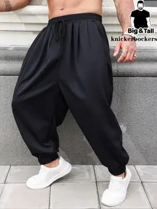 Men's Plus Size Oversized Solid Color Pocket Drawstring Waist Wide Leg Pants, Comfortable Loose Fit Casual Daily Wear Long Pants