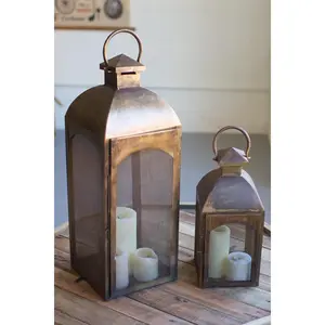 Set Of Two Antique Bronze Lanterns With Wire Screen