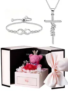 Exquisite rose gift box for Christian moms, infinity love bracelet paired with a cross necklace, warrior of faith, Mother's Day and birthday jewelry gift, family necklace from daughter or son, a gift for mom, Glamour Set Jewelry Sets