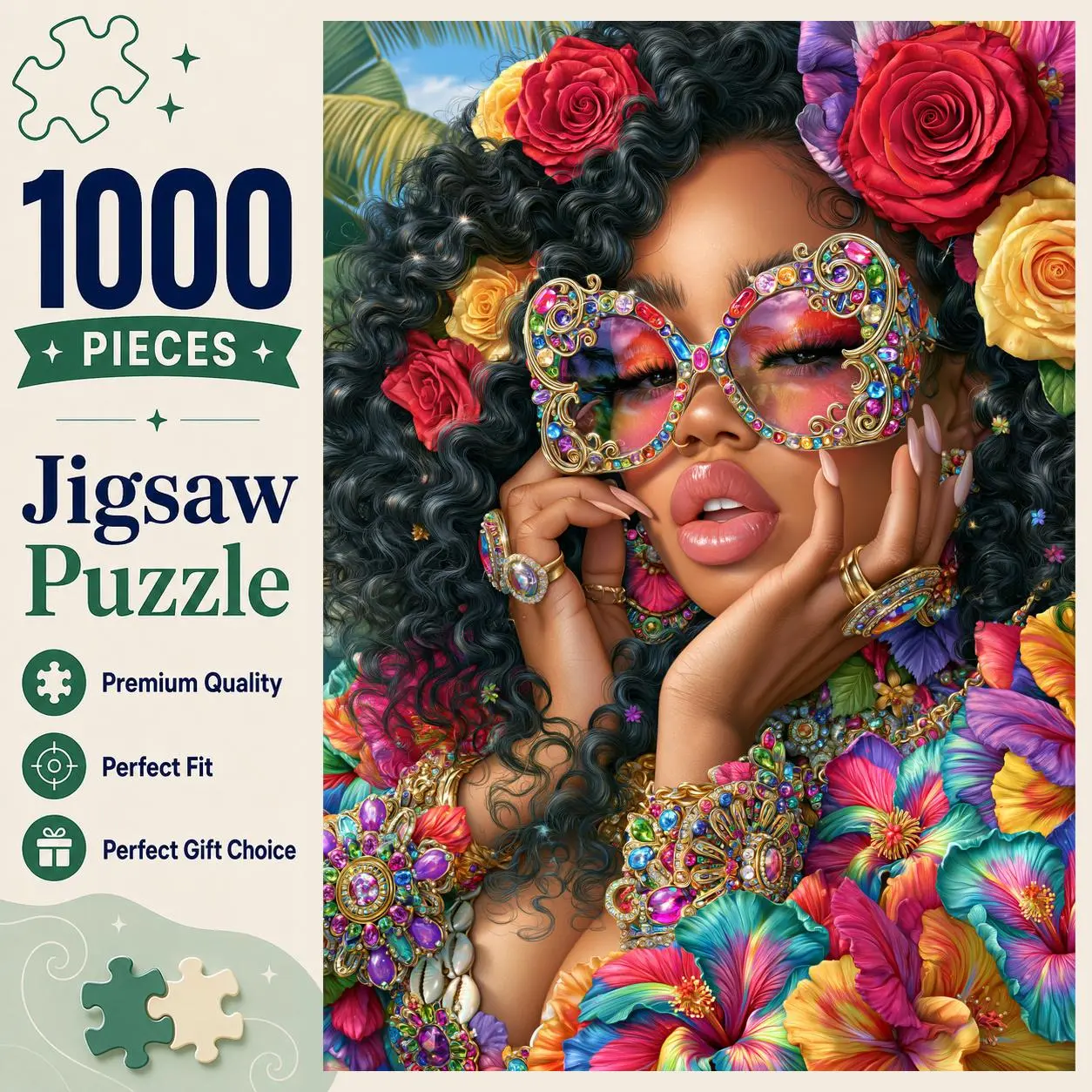Floral Glasses 1000 Pieces Jigsaw Puzzle, stylish woman with jeweled sunglasses and roses, colorful portrait art for adults, relaxing family game night, challenging senior activity, stress relief wall decor gift, 19.7x29.5inch(50x75cm)