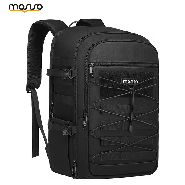 MOSISO Tactical Fabric DSLR Camera Backpack, Waterproof 3-Layer 17.32x11.81x7.87in Bag with Tripod Holder, Elastic Cord Strap, 16-Inch Laptop Compartment, 1 Pocket on Each Side for SLR/Mirrorless Cameras (Canon, Nikon, Sony A6400) Large Black Travel Case,