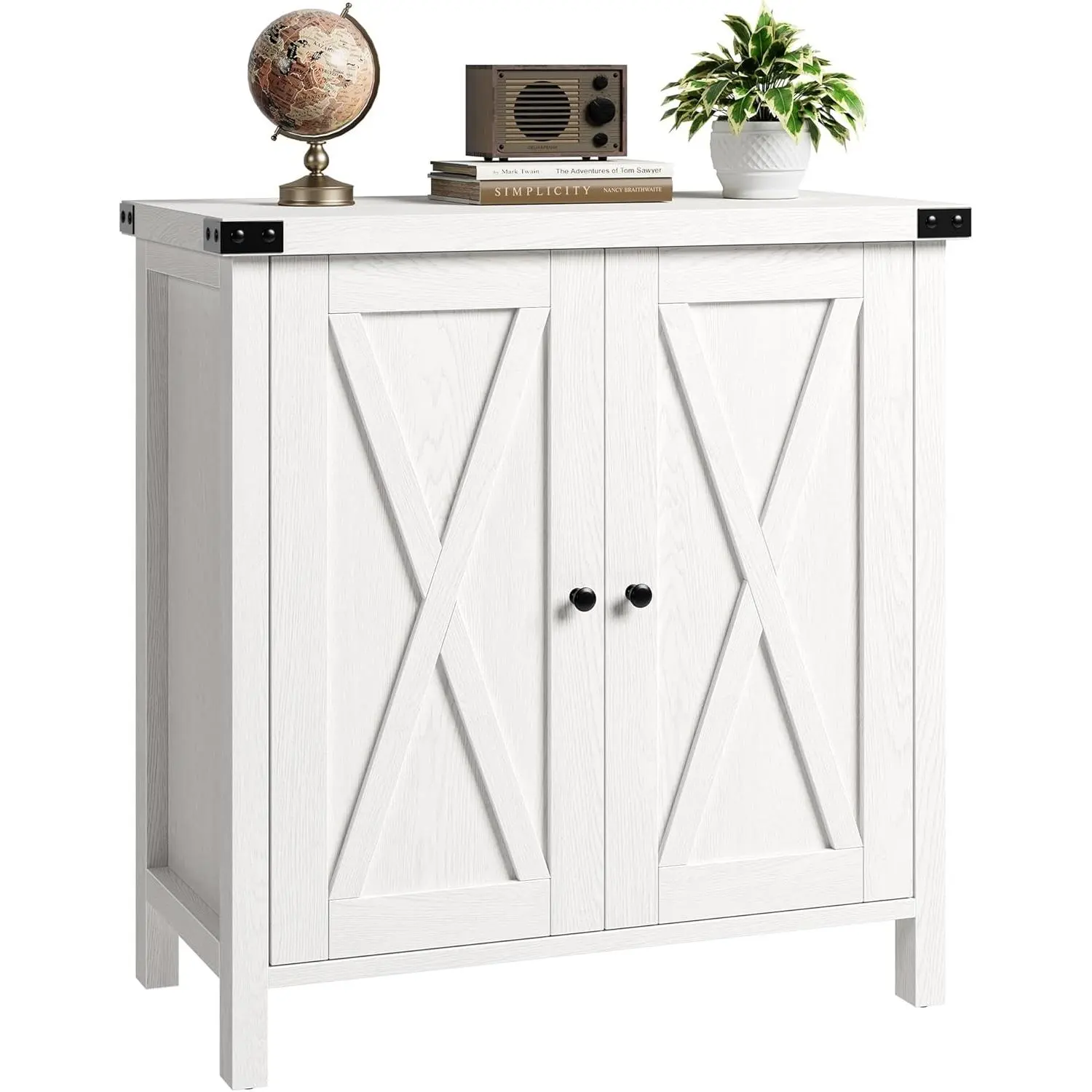 White Farmhouse Sideboard Buffet Cabinet with Adjustable Shelves and Barn Doors Rustic Modern Coffee Bar and Kitchen Organizer White