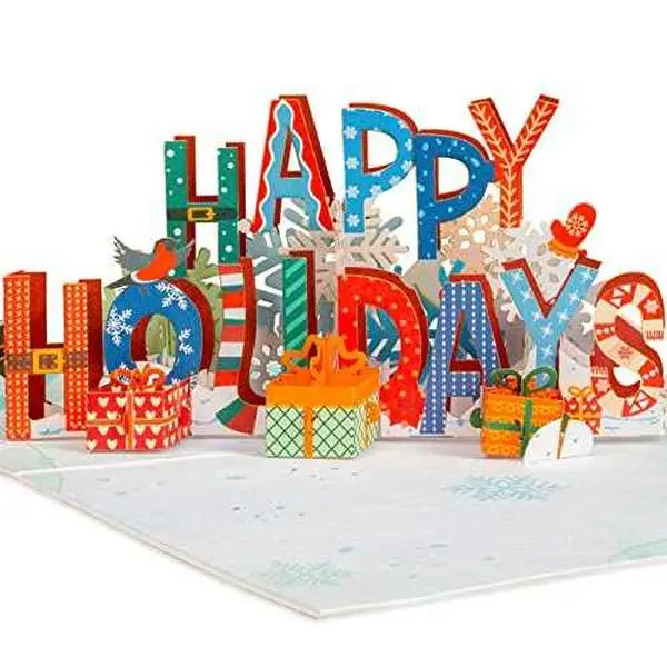 Paper Love Happy Holidays Pop-Up Office Card, Premium Cardstock 3D Festive Design with Charming Decorations & Laser Cut Details, Removable Note Tag Perfect Gift, 3D Design, Removable Tag