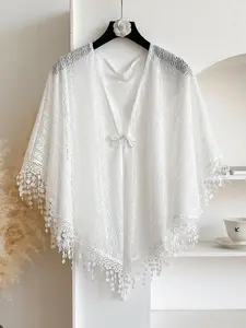 Women's Elegant Lace Trim Tassel Design Poncho Shawl, Fashionable Solid Color Shawl for Daily Wear, Casual Versatile Scarf for Women, Boho Style Shawl