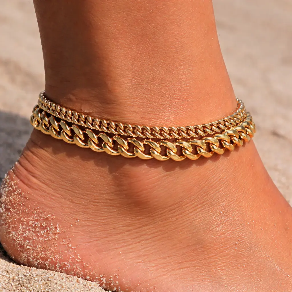 Women's Layered Double Cuban Anklet Set - Waterproof, Adjustable 8.5+2in Gold Chain, Bold, Chic Chain Accessory Cuban Bracelet Ankle Jewelry for Summer Beach Gift, Cuban Bracelet Anklets, Bold Anklets