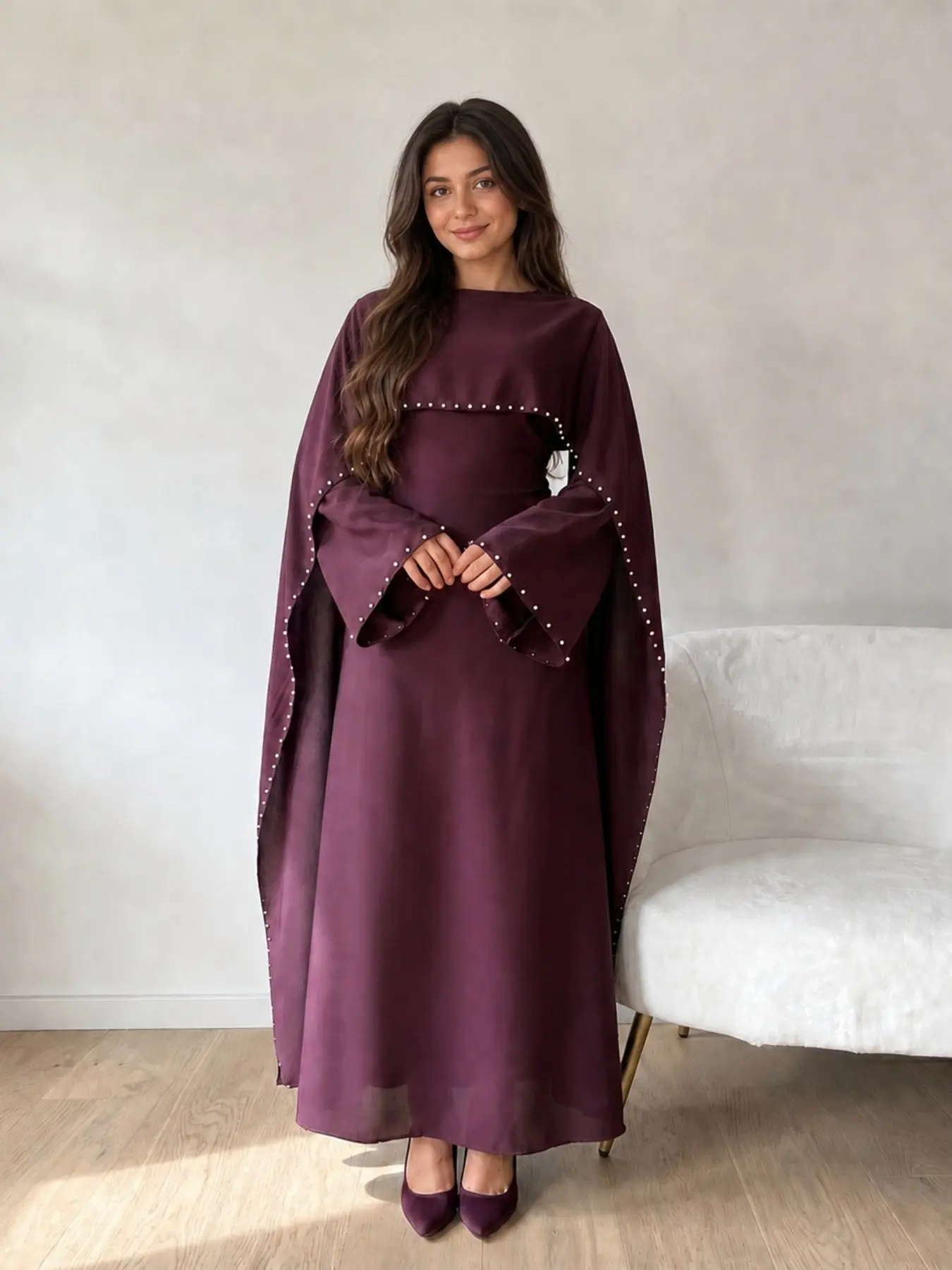 New Muslim Women's Islamic Clothing Plain Long Sleeve Dress with Shawl, Elegant Slim Fit Zipper Two-Piece Set, External Straps, Casual Daily Wear, Muslim Outfits