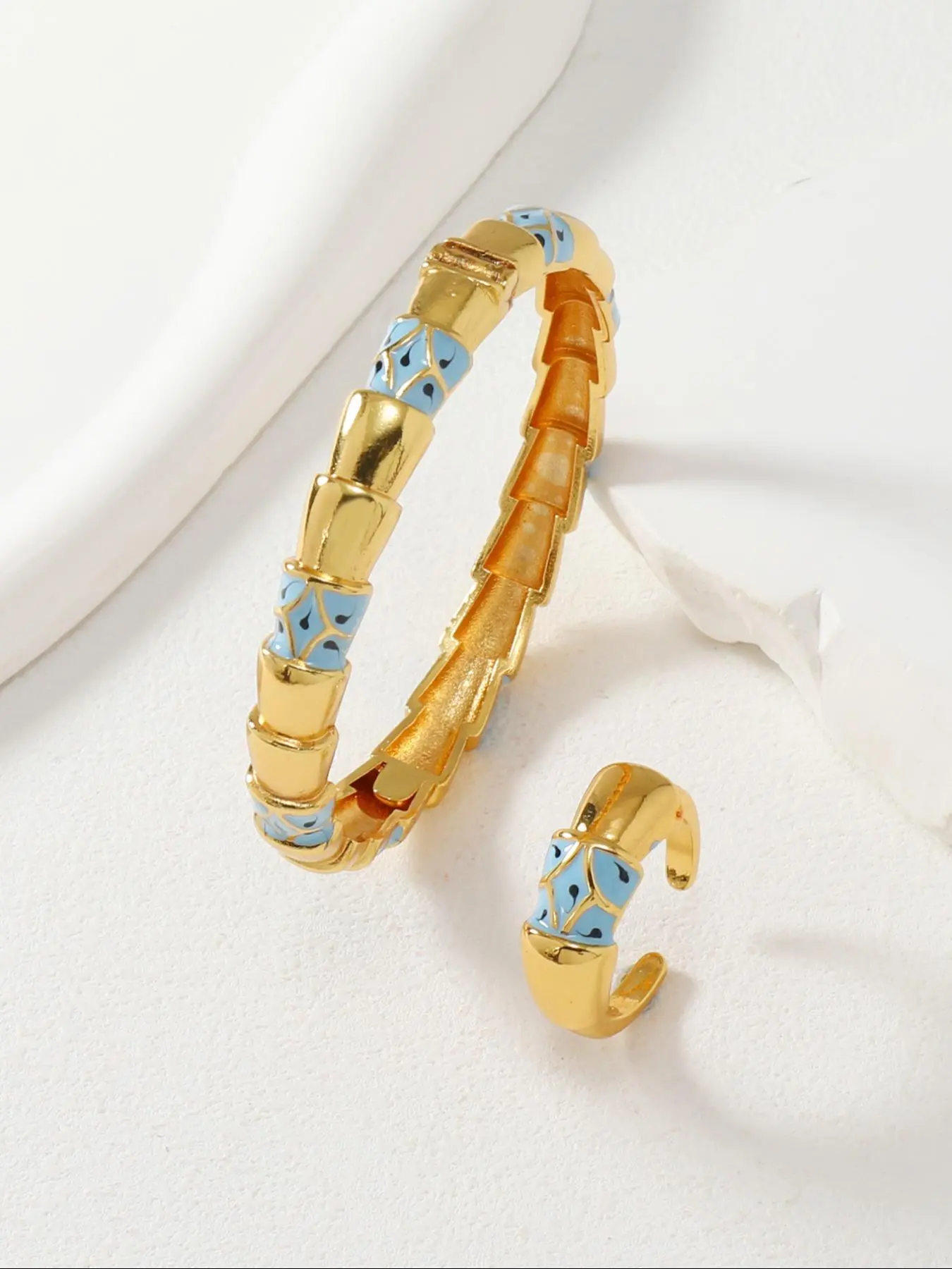 Women's Elegant Bamboo Design Cuff Bangle & Ring, Fashion Jewelry for Party, Daily Clothing Decor, Trendy All-match & Exquisite Jewelry for Birthday Gift