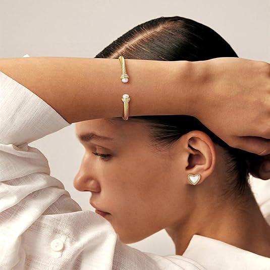 Fettero Gold Cuff Bangle Bracelets for Women - Gold Plated Adjustable Open Cuff Friendship Bracelets Elegant Twisted Cable Bangle Bracelet Lightweight Pearl Bracelet for Dainty Jewelry