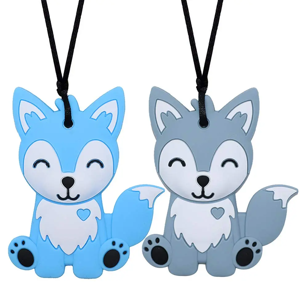 JNS40 Unisex Silicone Sensory Chew Pendant Necklaces (2pcs) - Cute Fox Shape, Adjustable Cord, Durable, ADHD/SPD Oral Motor Calming Focus Aids, Blue & Grey, Casual Daily Fashion Accessory, Calm & Improve Focus