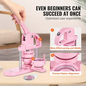 VEVOR 3-in-1 Button Maker, 1/1.25/ 2.28inch (25/32/58 mm) Needle Maker, 300 Button Parts, Button Making Machine with Panda Magic Book, Ergonomic Curved Handle Stamping Kit, Suitable for Children's Gifts, Pink