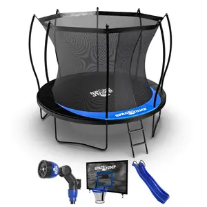SpaceJump Lunar 10' Trampoline, Outdoor Ultimate Set with Slide, Hoop & Sprayer