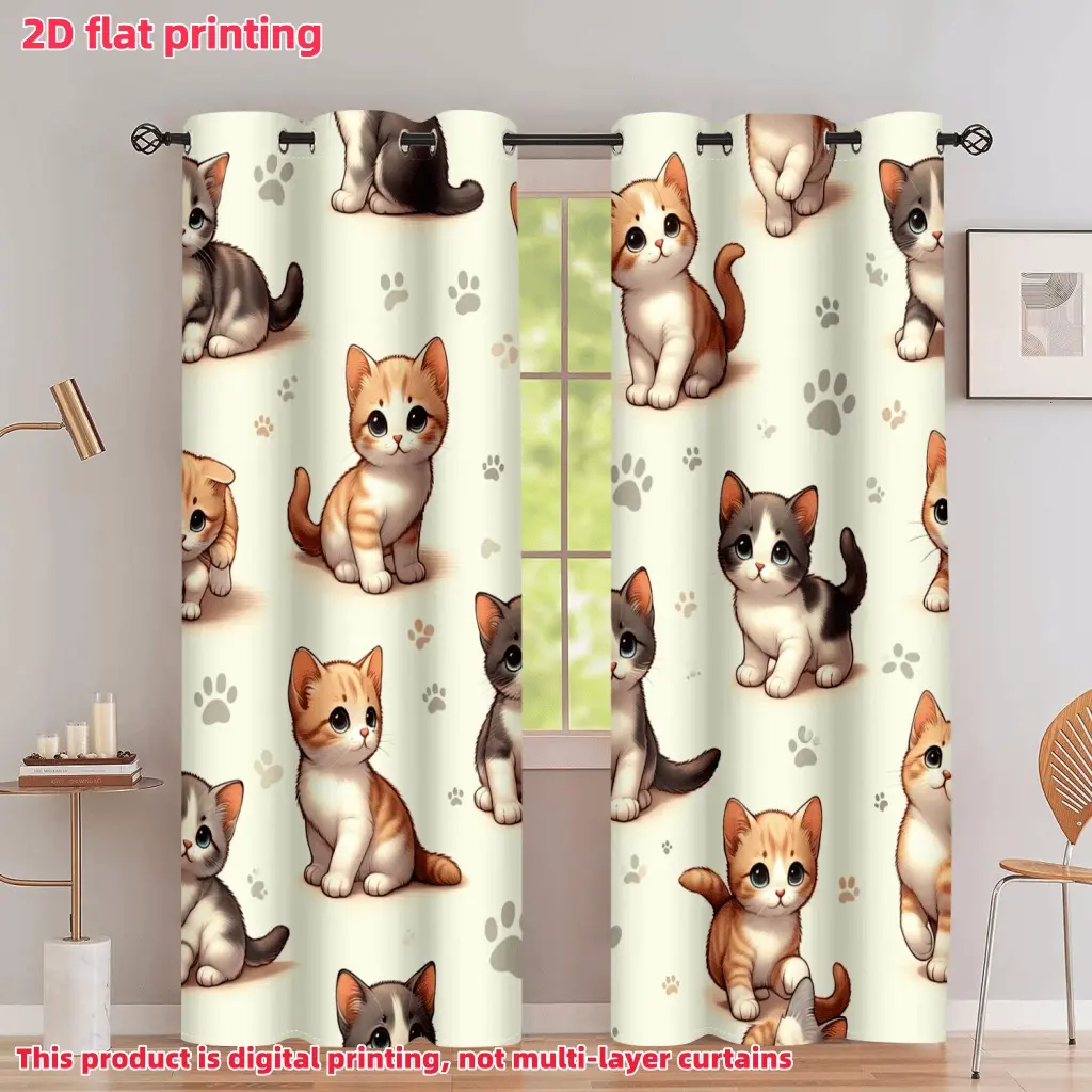 2D Flat 2Pcs Cute Kitten Print Curtains for Living Room, Playful Cat Design Window Panels, Semi Sunshade Privacy Drapes, Pet Lover Home Decor Bedroom, Balcony, Kitchen, Study, Accessory .