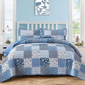 Blue Boho Quilt Set King Size,3 Pieces Plaid Floral Bedspread Coverlet Set for All Season,Patchwork Reversible Bedding Set 90"x104"