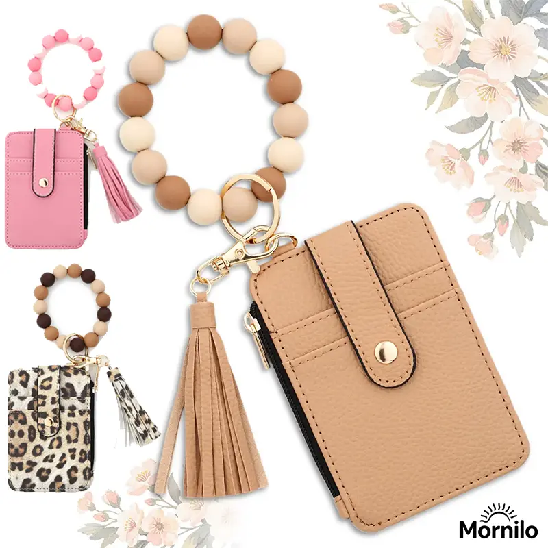 Women's Silicone Beaded Keychain Wristlet Wallet,Aesthetic Card Holder with Credit Card Slots,Floral & Leopard Print Key Ring Bracelet, Mini Card Organizer Wallet for Keys, ID&Cash,Travel Essentials,Mom Gift,Back to School Essentials,Trending Accessories