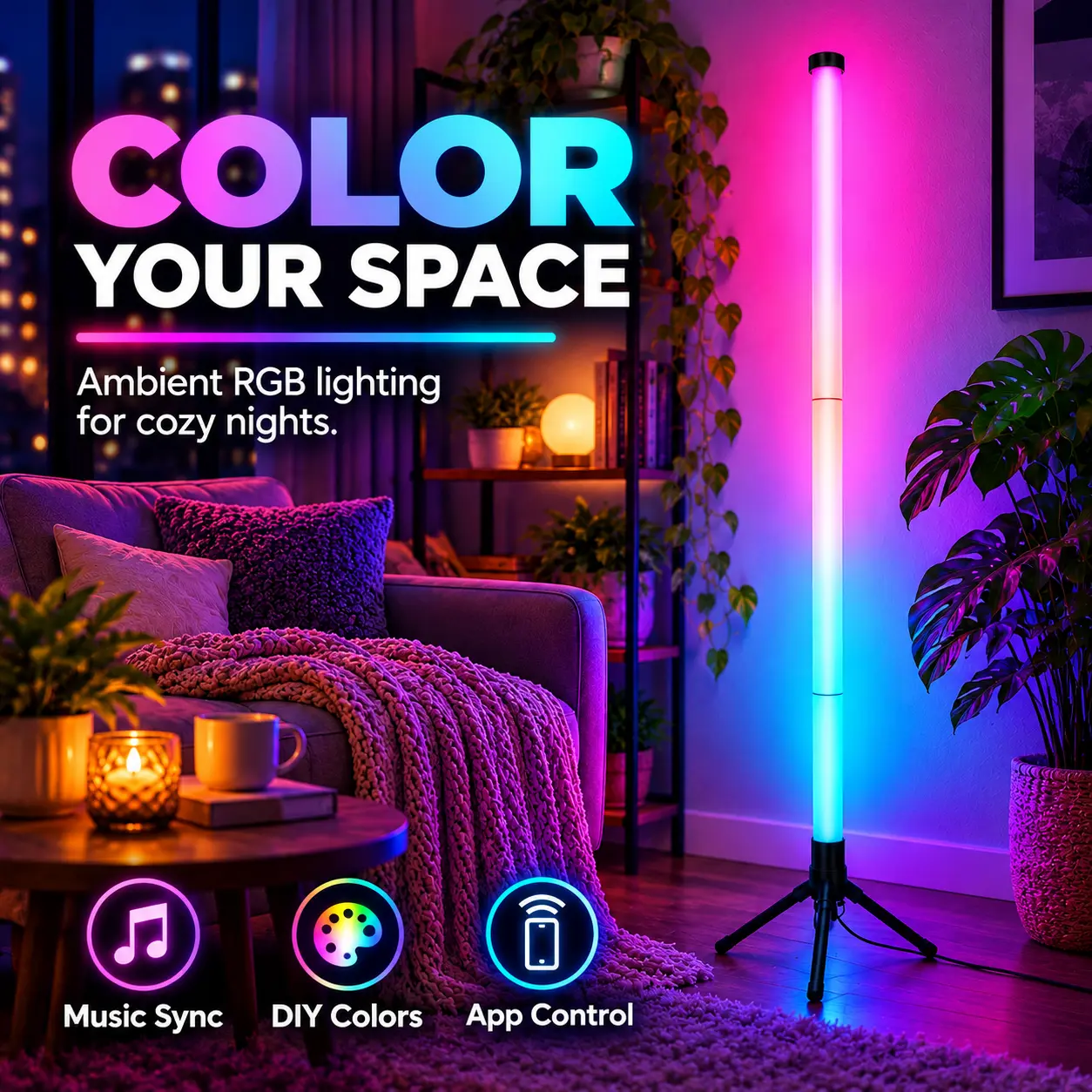 1PCS RGBIC LED Floor Lamp with App & Remote Control, Adjustable Brightness, Music Sync ,Dynamic Effects and Timer for Gaming, Party, Bedroom & Living Room