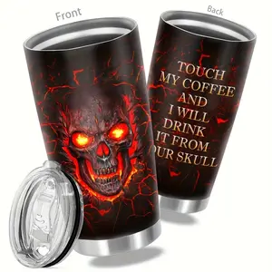 Stainless Steel Tumbler 20-Ounce Fiery Skull Design Double-Walled Insulated Travel Mug Keeps Coffee Hot for Hours Halloween & Day of The Dead Gift