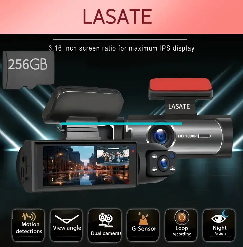 LASATE Dash Cam Car Camera with 256GB Storage Night Vision& Motion Detection for Cars Perfect