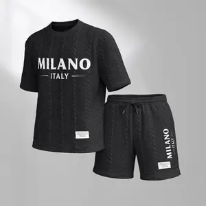 Men's Milano Italy Letter Graphic Textured Fabric Drawstring Waist Shorts Set 2 Counts, Short Sleeve T-Shirt & Pocket Track Shorts, Casual Fashion Cozy Men Two-Piece Outfits For Spring & Fall