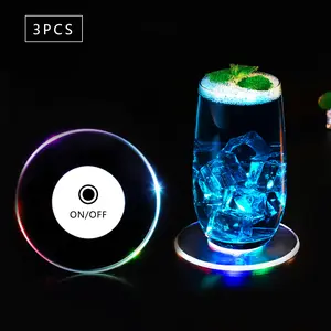 LED Acrylic Luminous Coaster,Party Bar Beer Cocktail FlashBase Luminous Coaster, 3 Pieces
