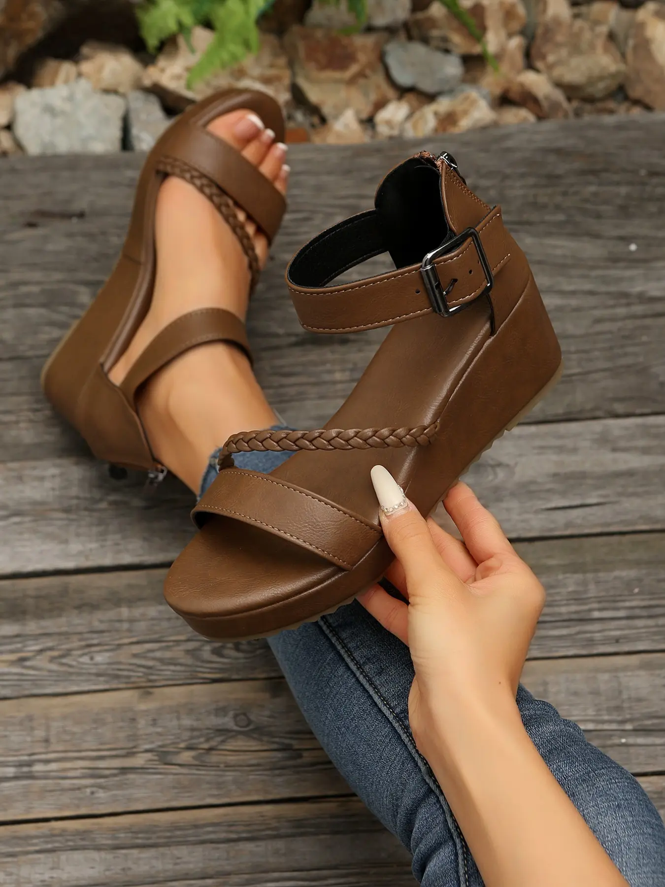 Women's Fashionable Solid Color Platform Strappy Summer Sandals, Casual Versatile Buckle Decorated Sandals for Summer, Lightweight Breathable Comfortable Shoes for Daily Wear, Adjustable Strap Platform, Girl, Casual Fashion Footwear