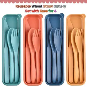 Reusable Wheat Straw Cutlery Set with Case for 4, Portable Travel Camping Utensils Set, BPA Free Eco Friendly Tableware, Dishwasher Safe, Easter Gift
