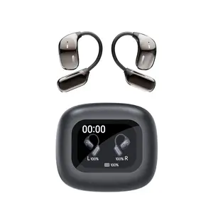 Open-ear Bluetooth earphones supporting Bluetooth 5.4, featuring a smart touch screen protective case, a built-in 60 mAh battery, UV sterilization function, no sound leakage, and 360-degree spatial audio—ideal for sports, work, and gaming.