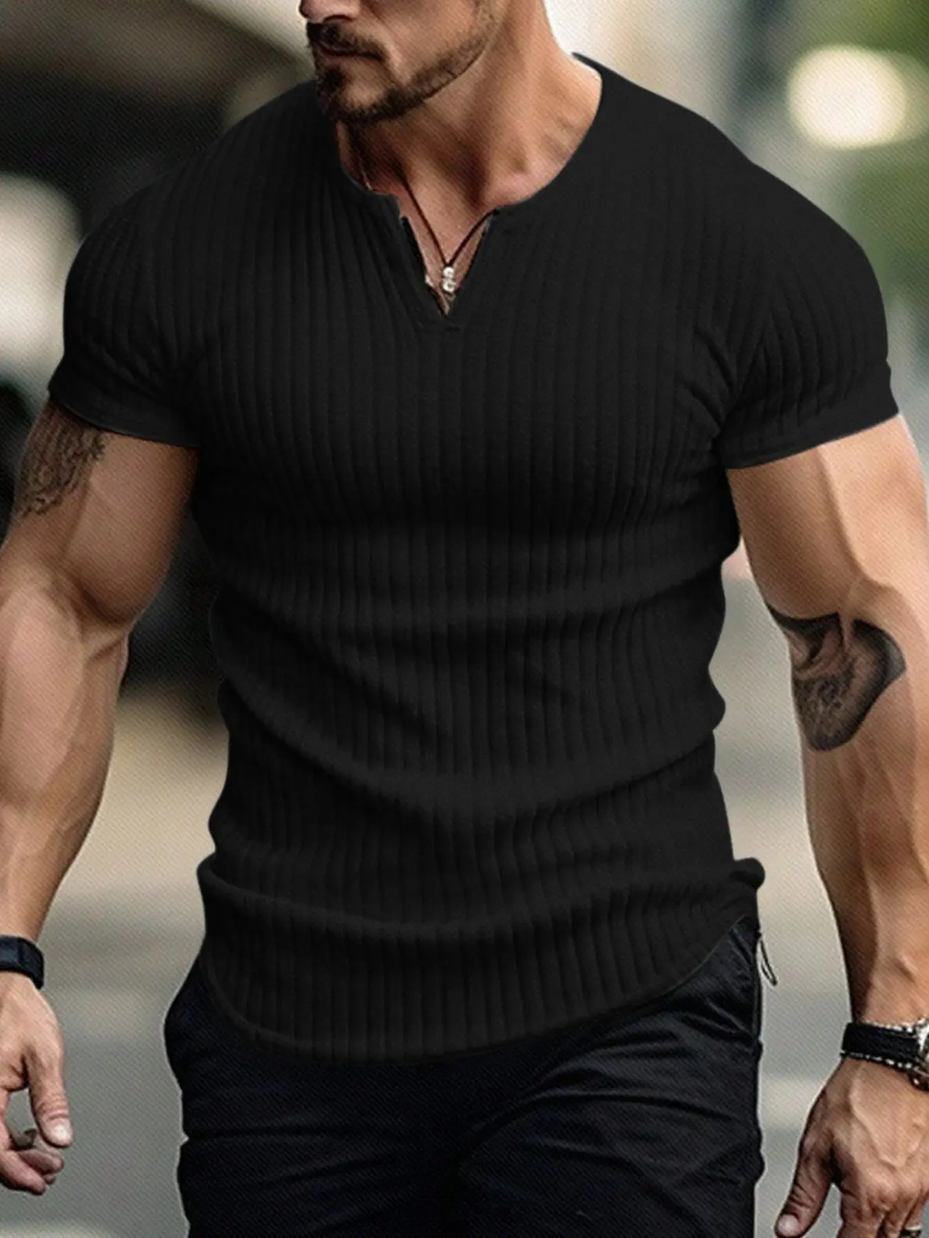 Men's Ribbed V-Neck T-Shirt, Short Sleeve Notched Collar, Casual Slim Fit Plain Textured Tee for Everyday and Business Casual, Menswear