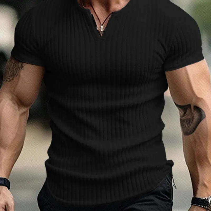 Men's Ribbed V-Neck T-Shirt, Short Sleeve Notched Collar, Casual Slim Fit Plain Textured Tee for Everyday and Business Casual, Menswear