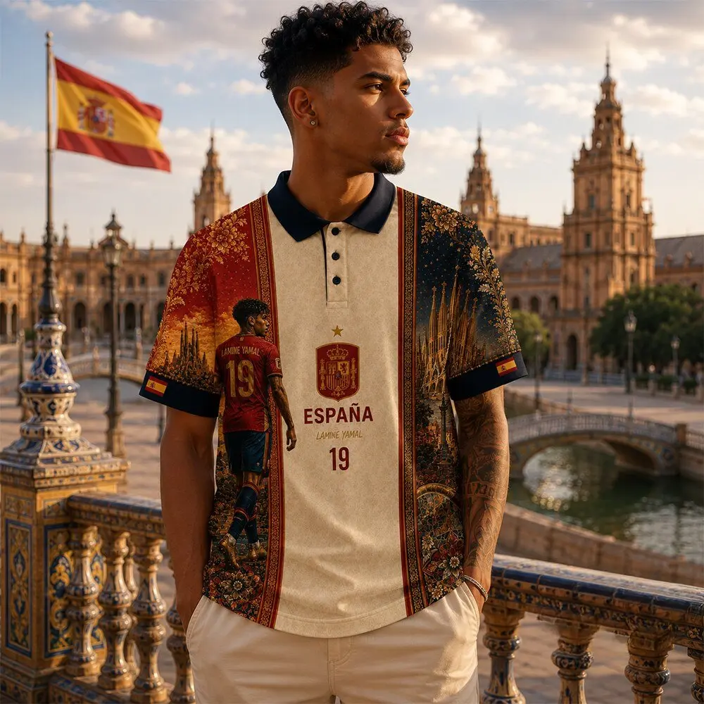 Espana Lamine 19 Edition Polo Shirt — Spain Yamal #19 Sagrada Familia All-over Print Polo Shirt American retro street hip hop Y2K men’s casual spandex short-sleeve top, baseball apparel