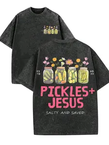 Cute Retro Vintage Pattern T-Shirt, Pickled Cucumber Glass Jar With Flower Pattern T-Shirt, "PICKLES+JESUS", "SALTY AND SAVED" Christian "Redeemed" Faith Dressing T-Shirt... Retro Loose T-Shirt, Round Neck Menswear Distressed Tshirt fathersdaygift